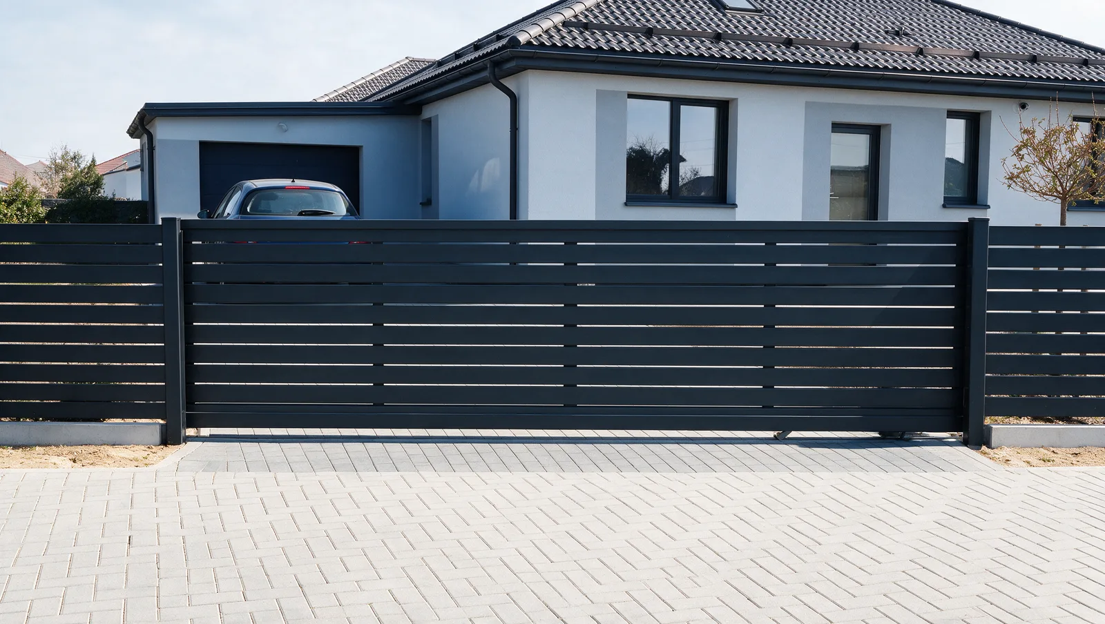 Anthracite horizontal board sliding gate across a driveway