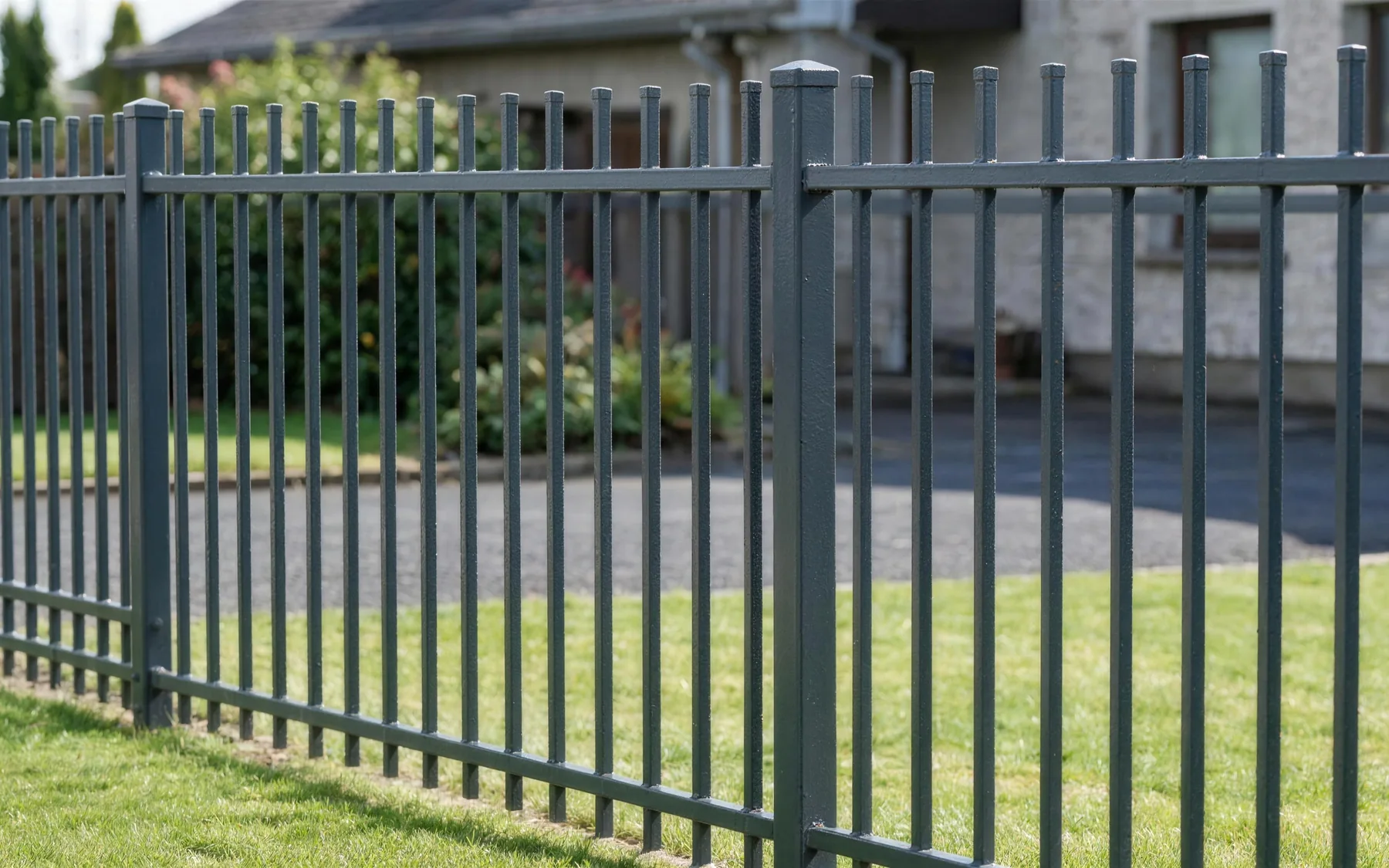 Classic welded bar steel fence in anthracite, square tubes welded through the rails